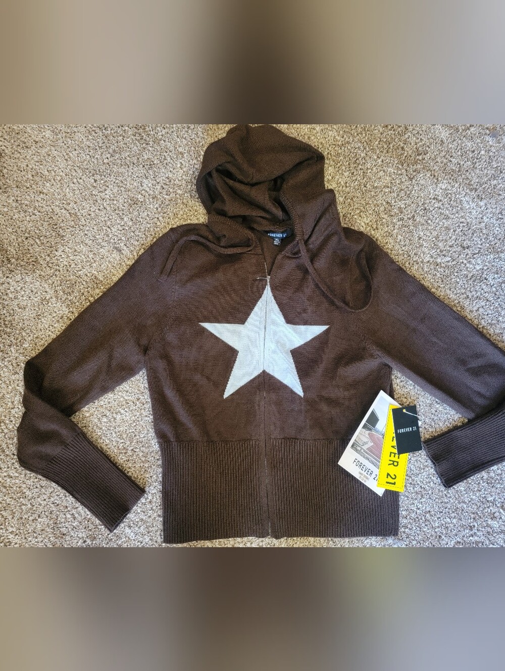 Forever 21 Brown Hoodie Cardigan with Cream Star Junuors Xl New W Tags